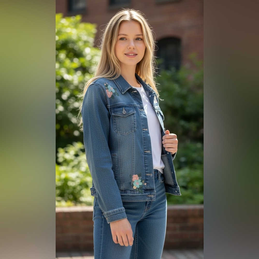 Arizona Jean Company Blue Jean Jacket with Floral Embroidery